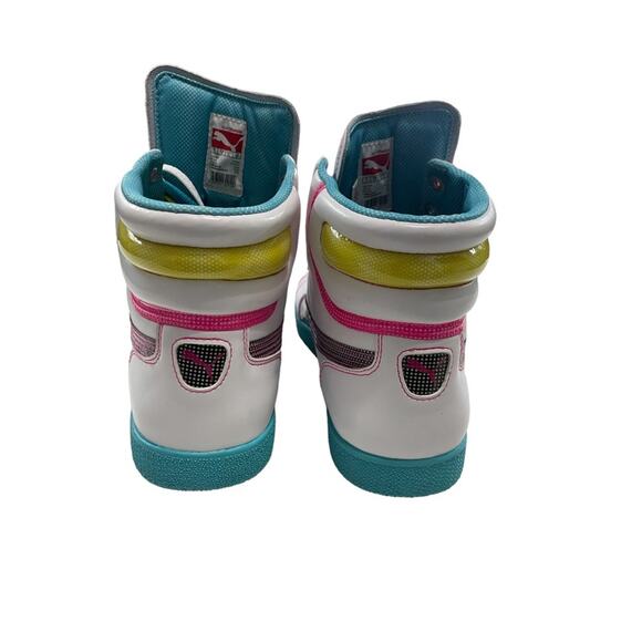 Puma Women's High Top Sneakers White Leather Trainers Neon 8.5 Y2K - Picture 9 of 10